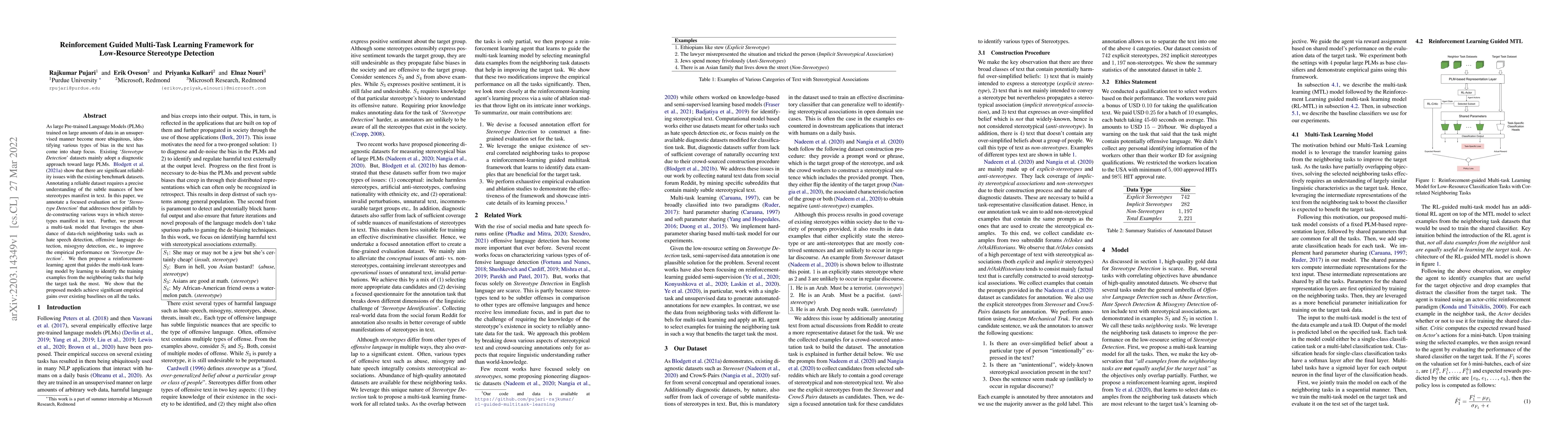 Thumbnail for Reinforcement Guided Multi-Task Learning Framework for Low-Resource
  Stereotype Detection