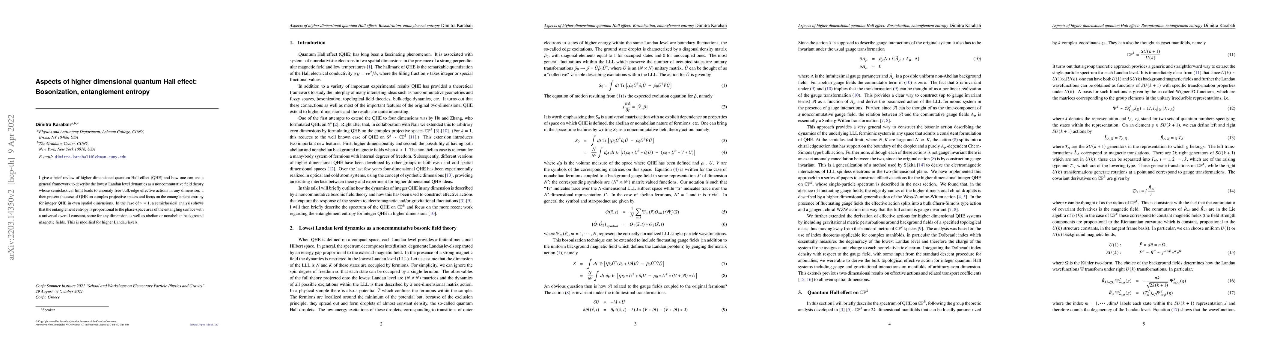 Thumbnail for Aspects of higher dimensional quantum Hall effect: Bosonization,
  entanglement entropy