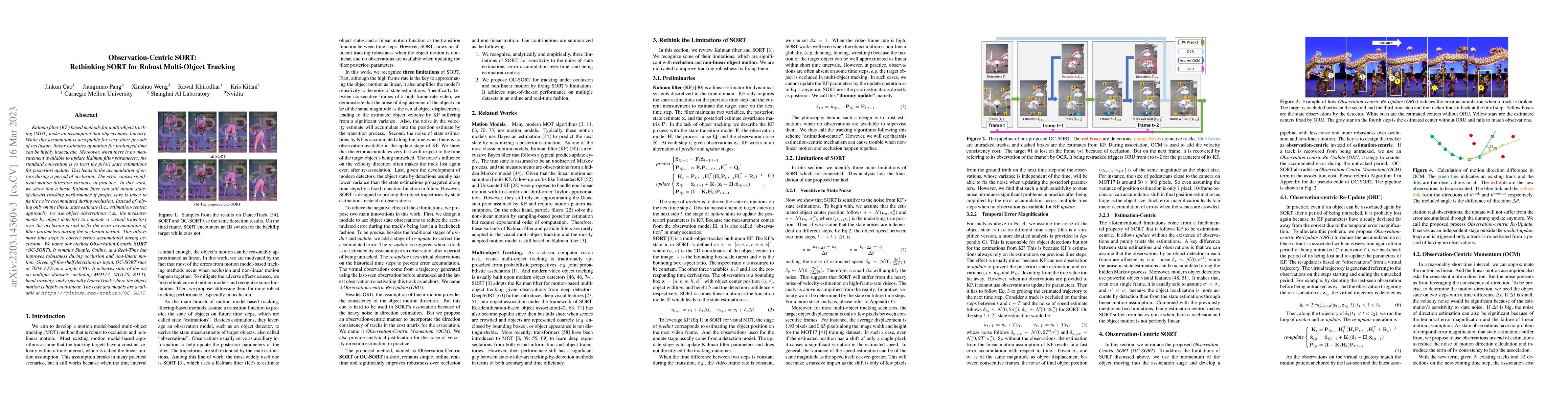 Thumbnail for Observation-Centric SORT: Rethinking SORT for Robust Multi-Object
  Tracking