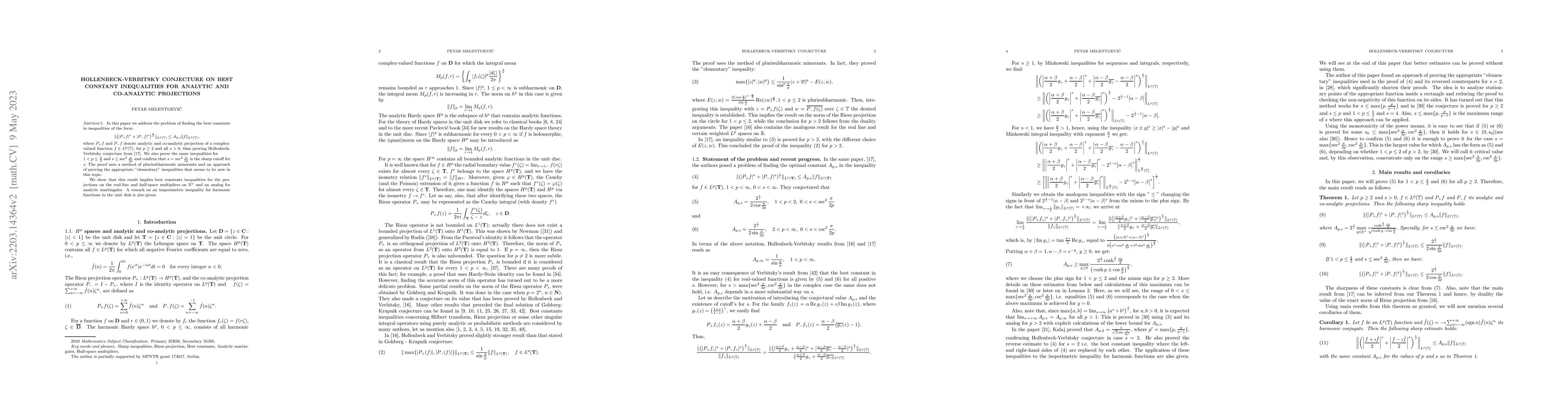 Thumbnail for Hollenbeck-Verbitsky conjecture on best constant inequalities for
  analytic and co-analytic projections