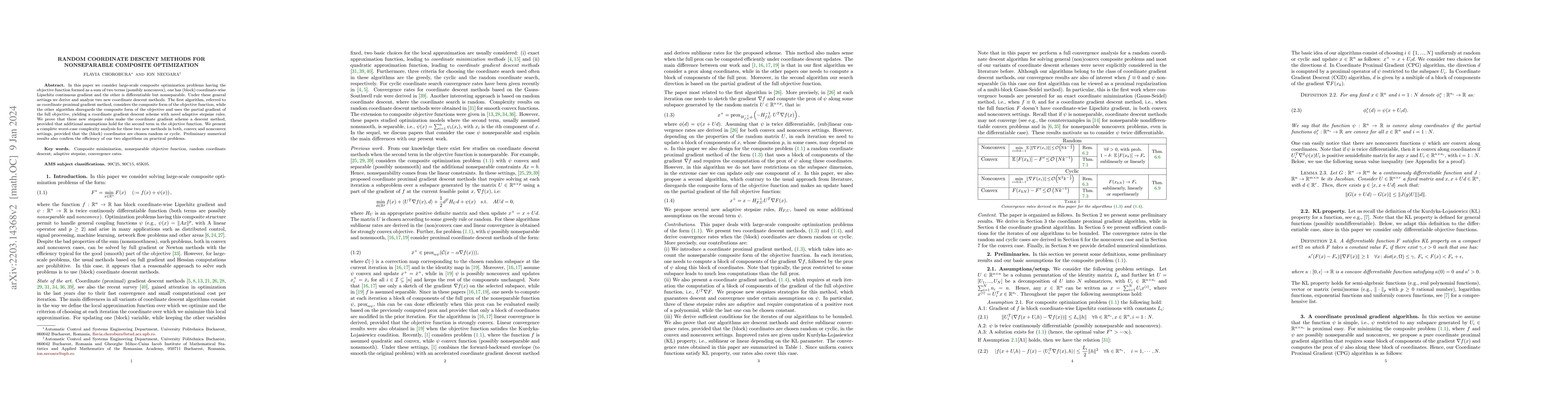 Thumbnail for Random coordinate descent methods for nonseparable composite
  optimization