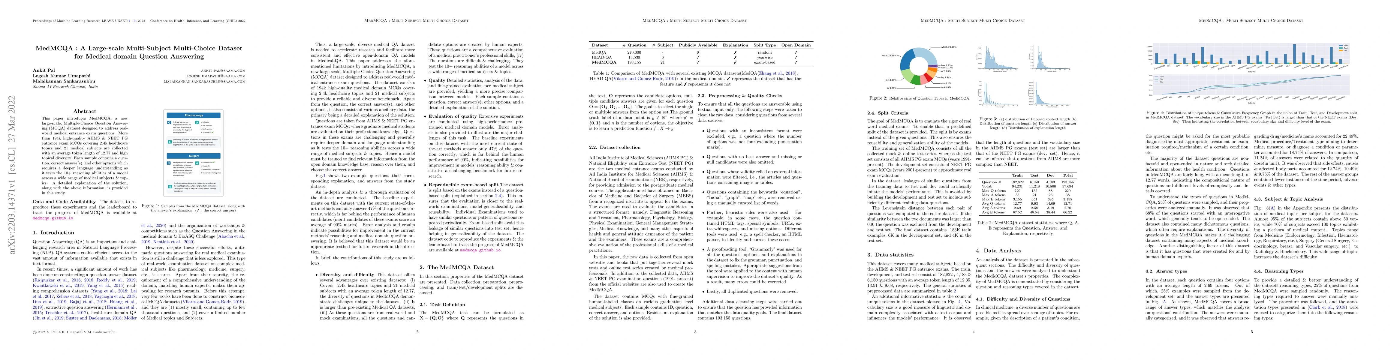 Thumbnail for MedMCQA : A Large-scale Multi-Subject Multi-Choice Dataset for Medical
  domain Question Answering