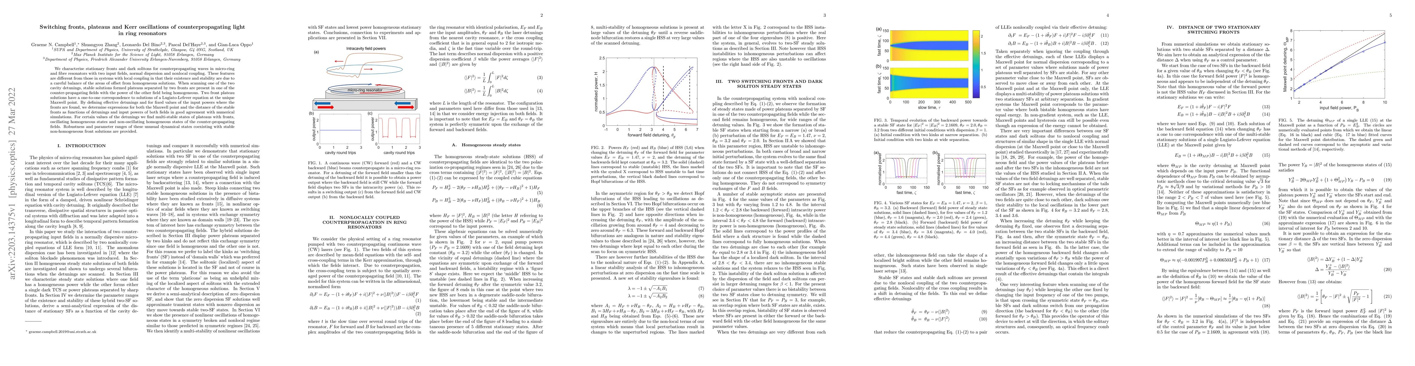 Thumbnail for Switching fronts, plateaus and Kerr oscillations of counterpropagating
  light in ring resonators