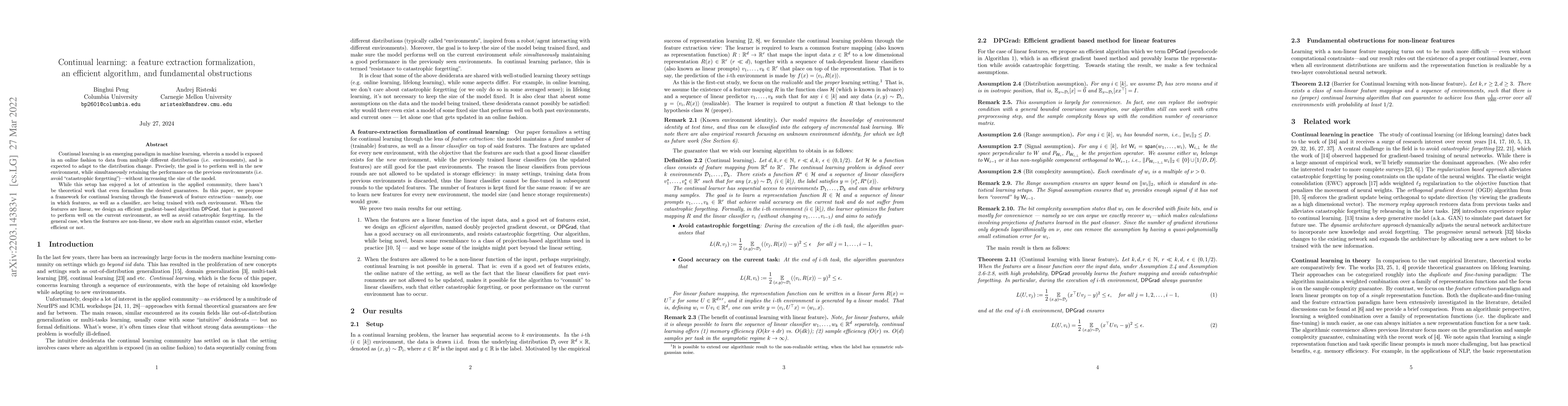 Thumbnail for Continual learning: a feature extraction formalization, an efficient
  algorithm, and fundamental obstructions