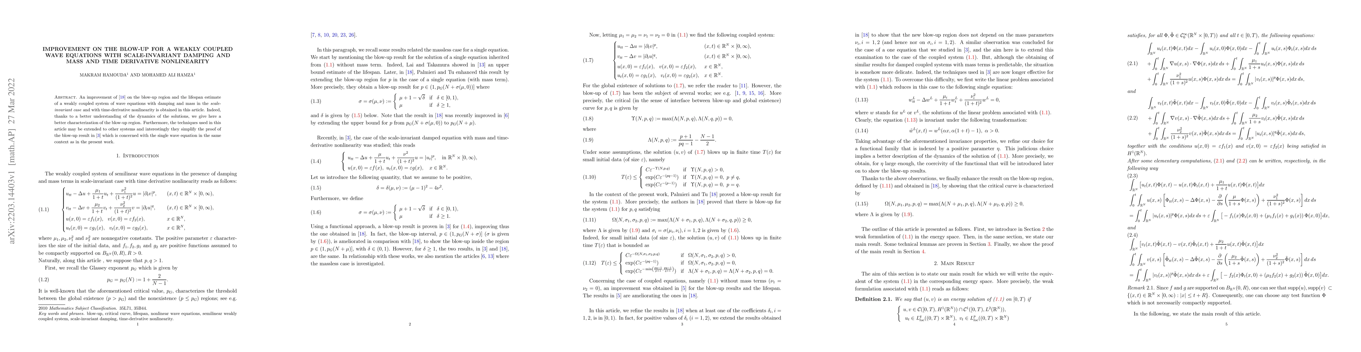Thumbnail for Improvement on the blow-up for a weakly coupled wave equations with
  scale-invariant damping and mass and time derivative nonlinearity