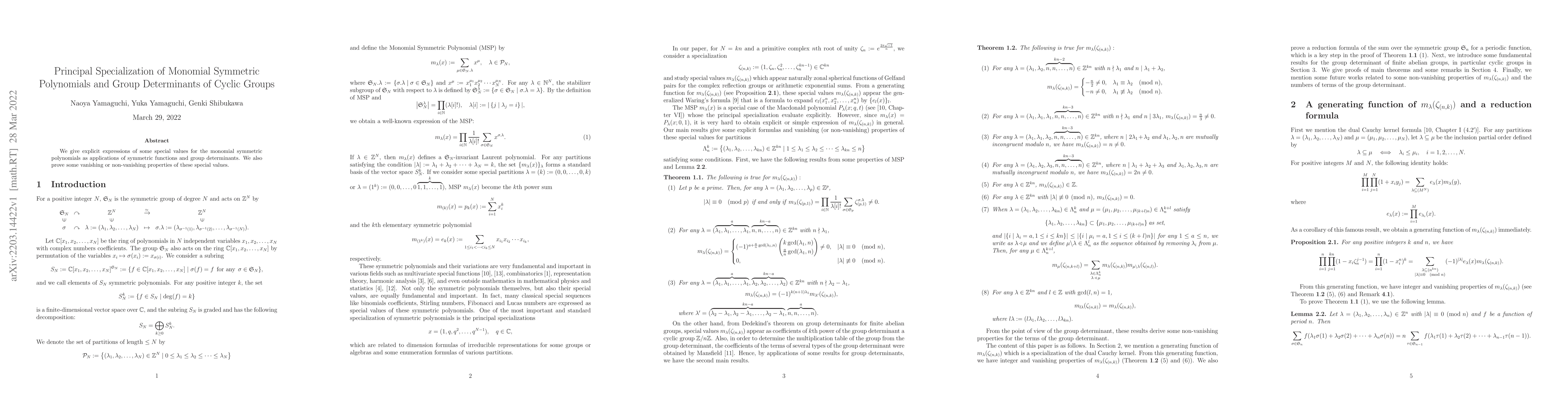 Thumbnail for Principal Specialization of Monomial Symmetric Polynomials and Group
  Determinants of Cyclic Groups