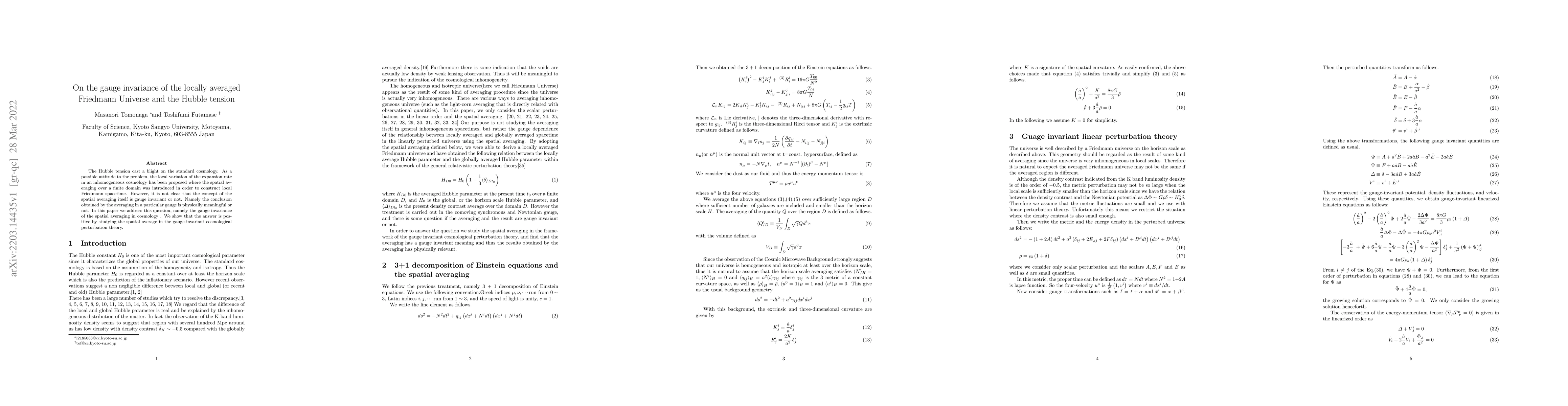 Thumbnail for On the gauge invariance of the locally averaged Friedmann Universe and
  the Hubble tension