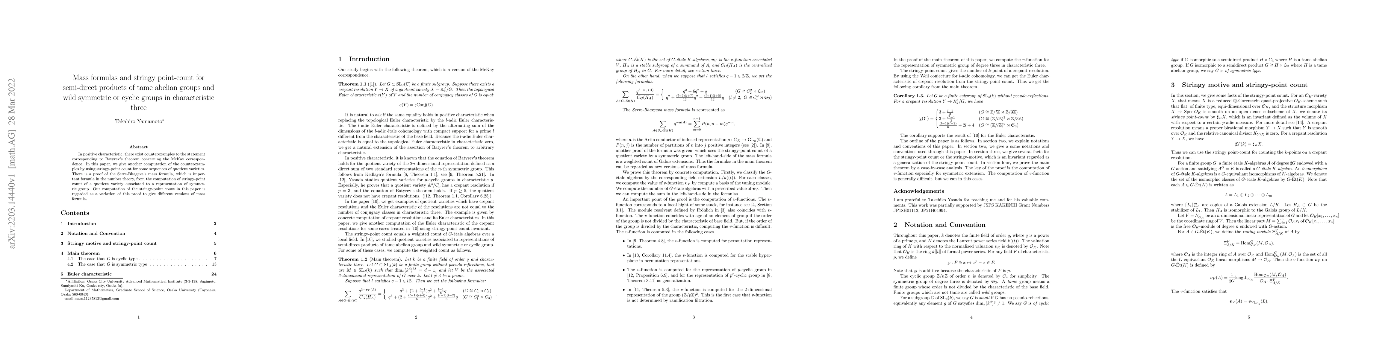 Thumbnail for Mass formulas and stringy point-count for semi-direct products of tame
  abelian groups and wild symmetric or cyclic groups in characteristic three
