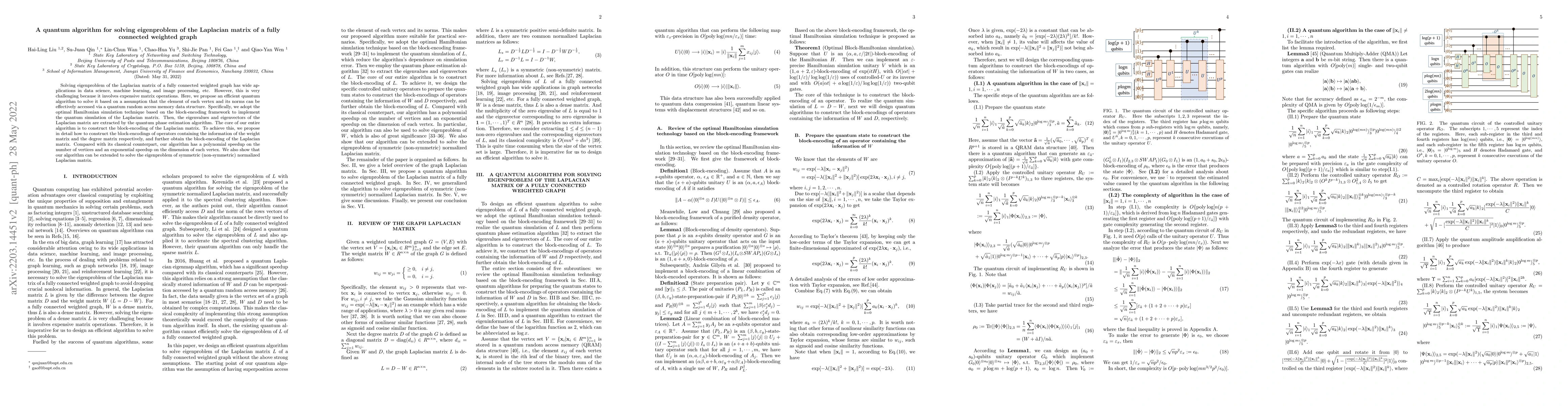 Thumbnail for A quantum algorithm for solving eigenproblem of the Laplacian matrix of
  a fully connected weighted graph