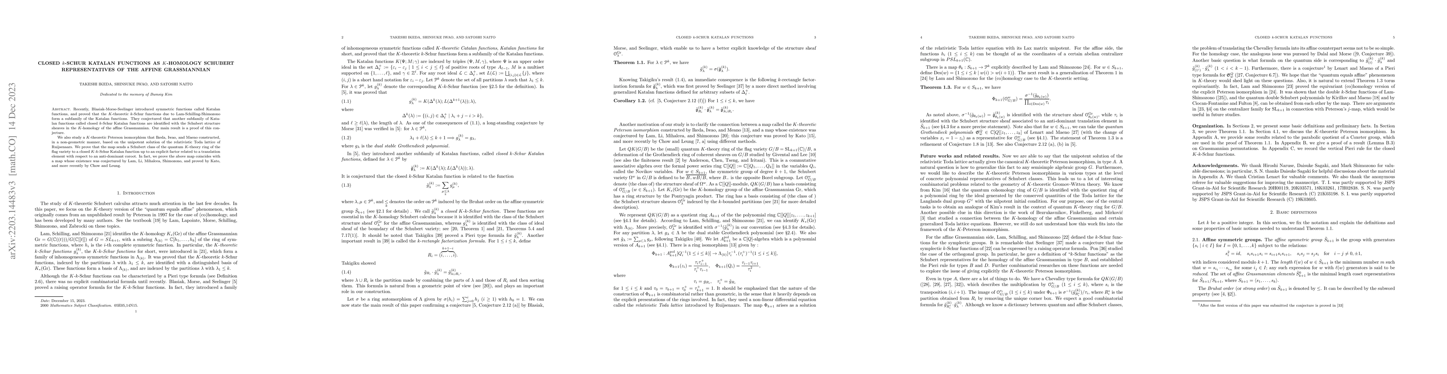 Thumbnail for Closed $k$-Schur Katalan functions as $K$-homology Schubert
  representatives of the affine Grassmannian