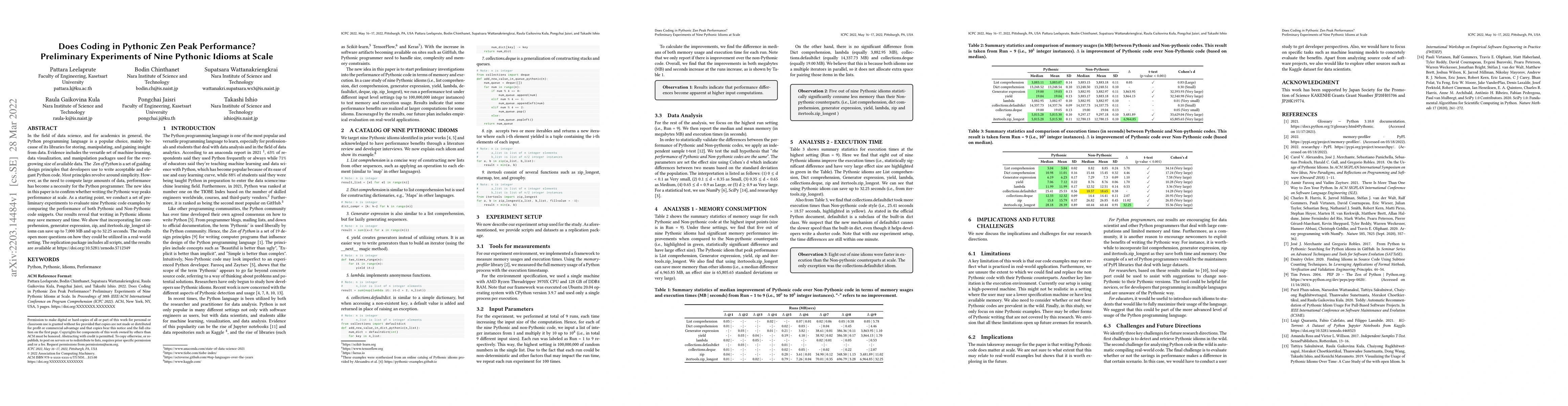 Thumbnail for Does Coding in Pythonic Zen Peak Performance? Preliminary Experiments of
  Nine Pythonic Idioms at Scale