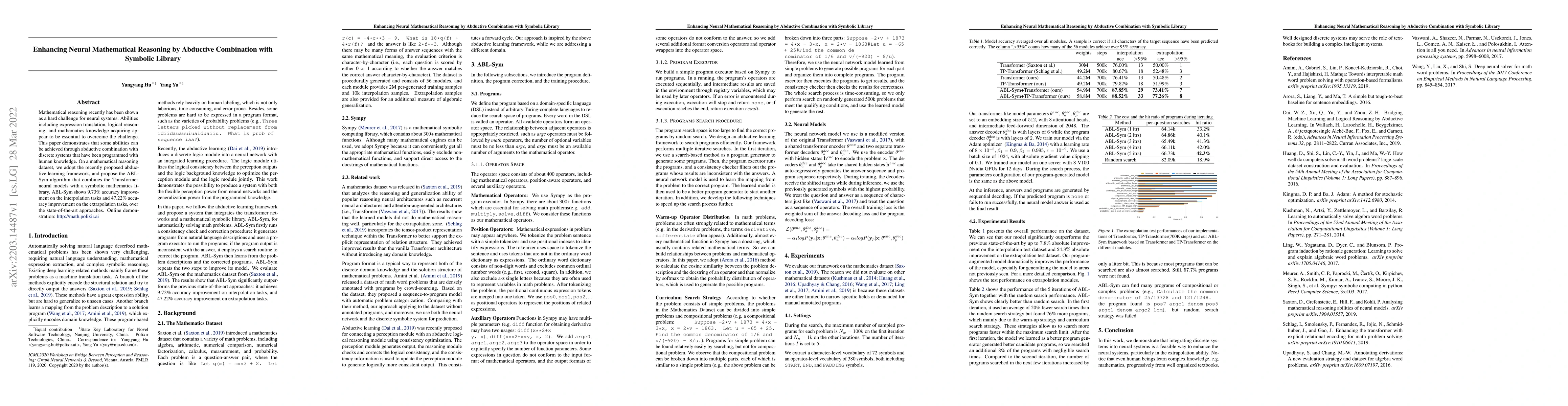 Thumbnail for Enhancing Neural Mathematical Reasoning by Abductive Combination with
  Symbolic Library
