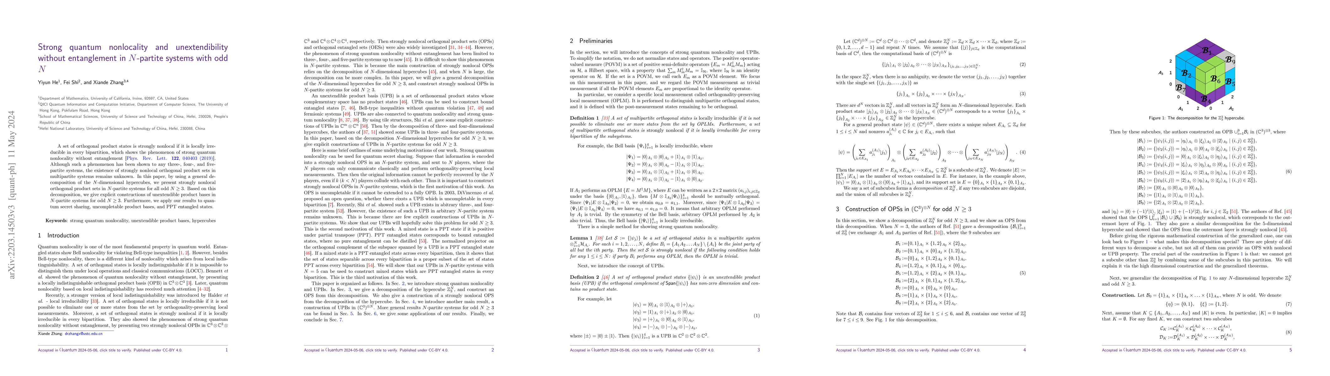 Thumbnail for Strong quantum nonlocality and unextendibility without entanglement in
  $N$-partite systems with odd $N$