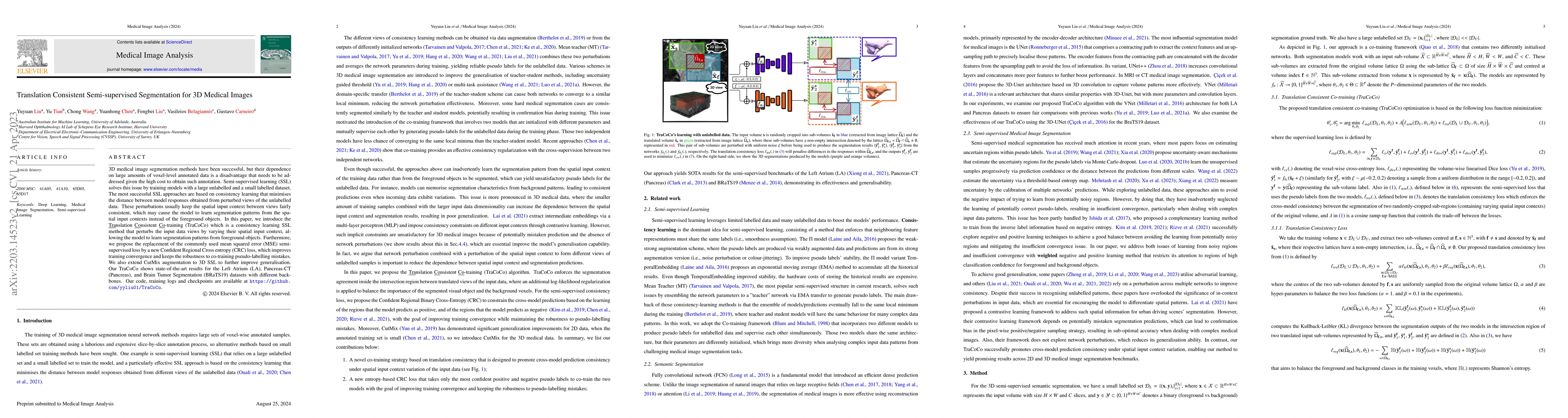 Thumbnail for Translation Consistent Semi-supervised Segmentation for 3D Medical
  Images