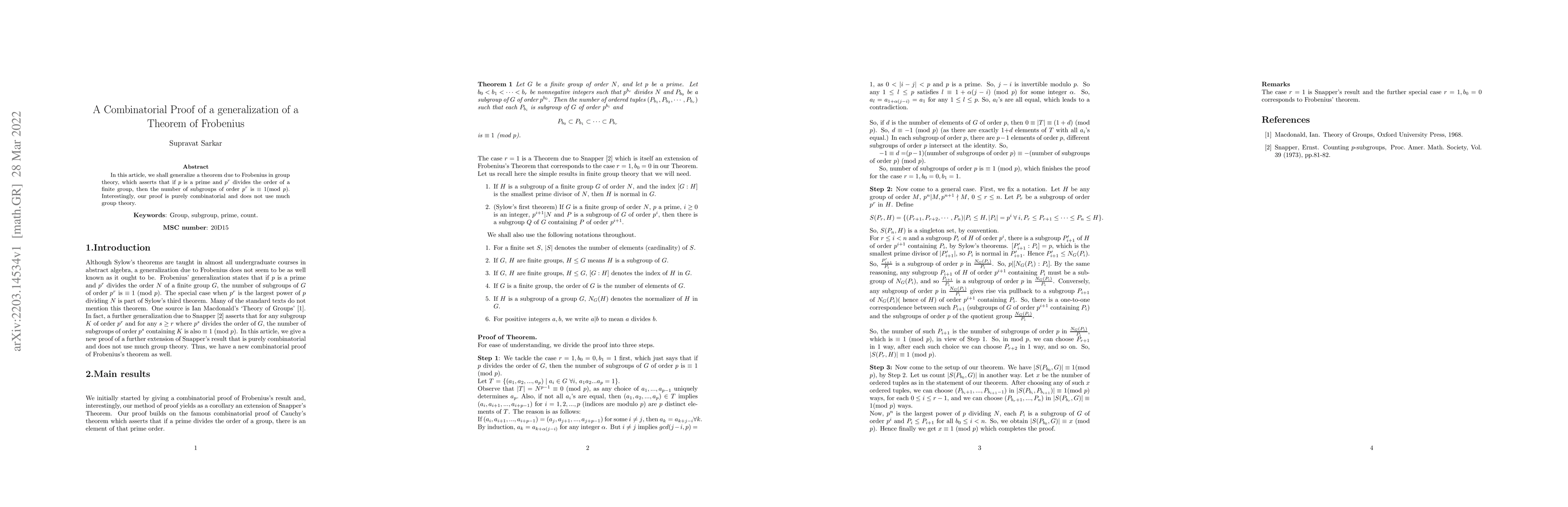 Thumbnail for A Combinatorial Proof of a generalization of a Theorem of Frobenius
