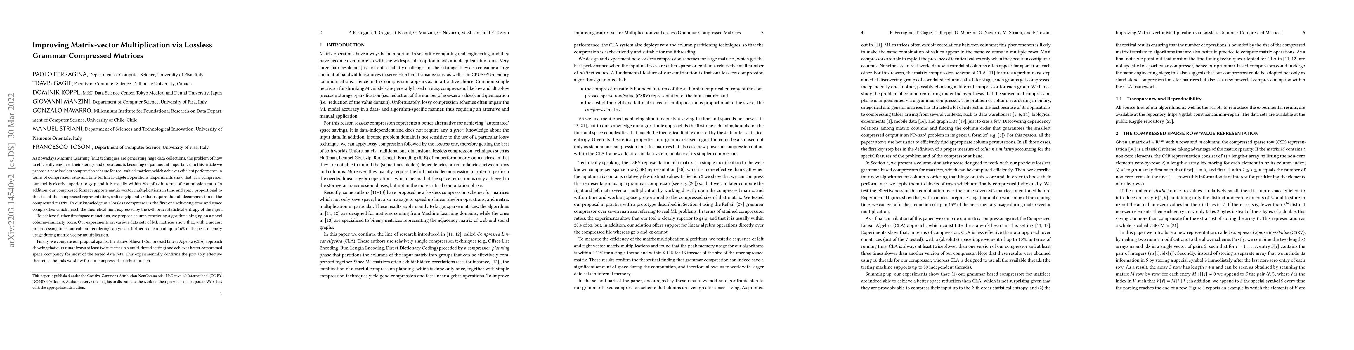 Thumbnail for Improving Matrix-vector Multiplication via Lossless Grammar-Compressed
  Matrices