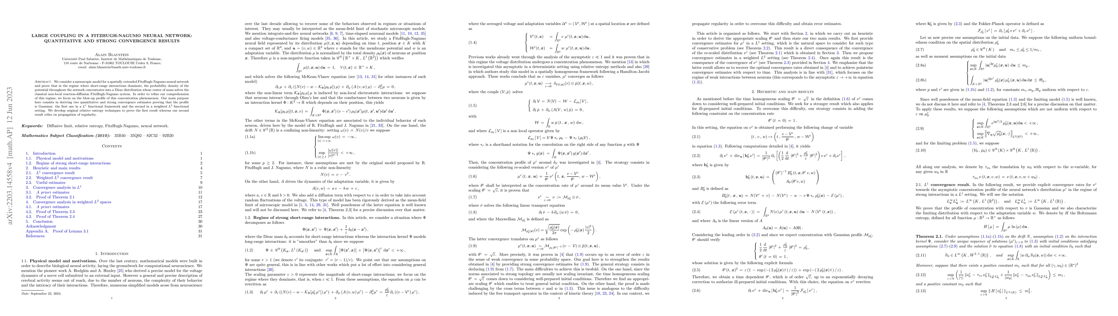 Thumbnail for Large coupling in a FitzHugh-Nagumo neural network: quantitative and
  strong convergence results
