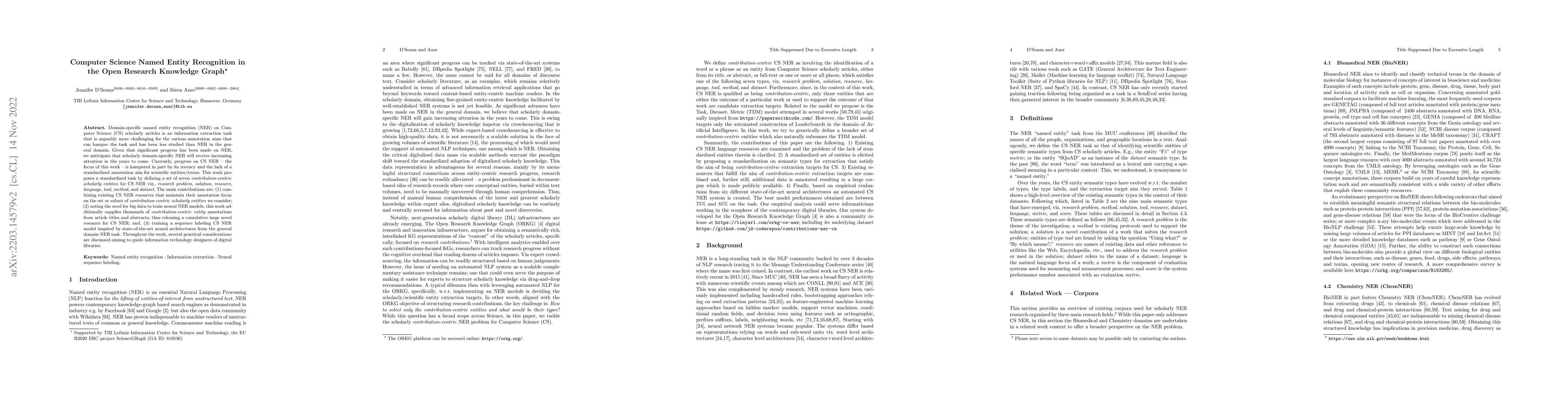 Thumbnail for Computer Science Named Entity Recognition in the Open Research Knowledge
  Graph