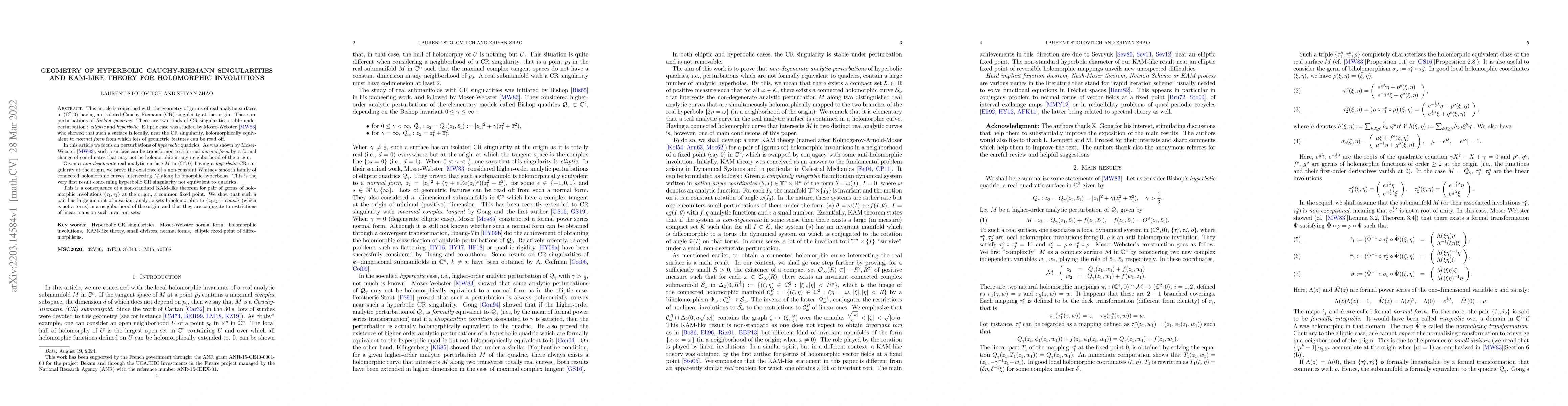 Thumbnail for Geometry of hyperbolic Cauchy-Riemann singularities and KAM-like theory
  for holomorphic involutions