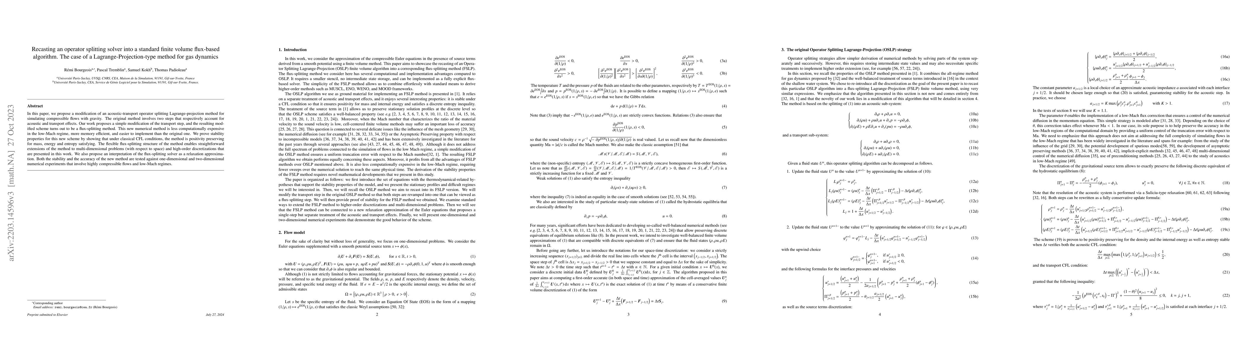 Thumbnail for Recasting an operator splitting solver into a standard finite volume
  flux-based algorithm. The case of a Lagrange-Projection-type method for gas
  dynamics