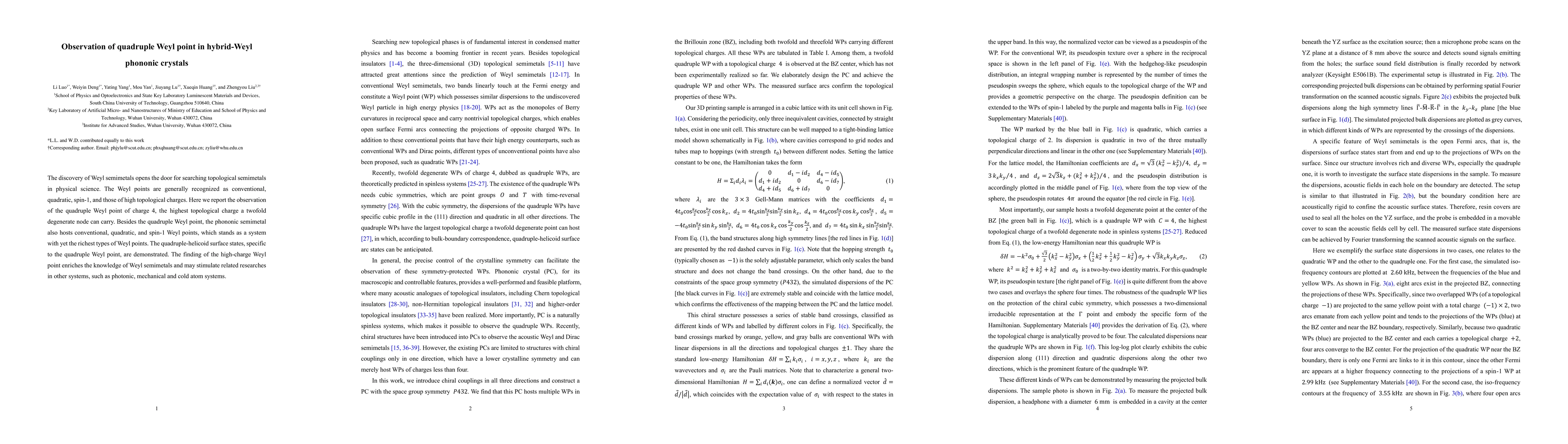 Thumbnail for Observation of quadruple Weyl point in hybrid-Weyl phononic crystals