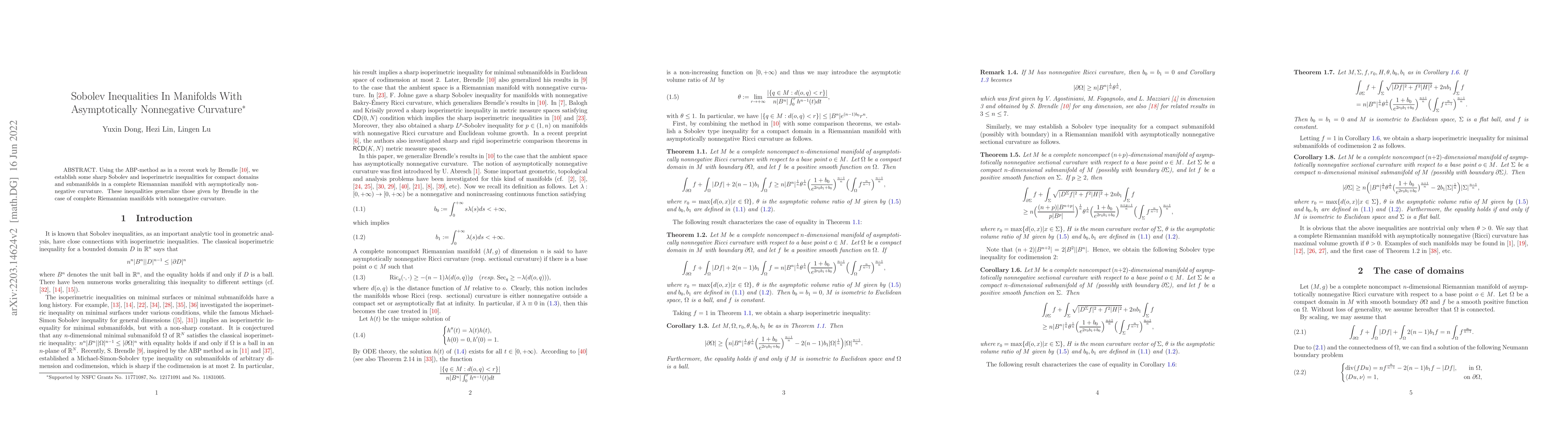 Thumbnail for Sobolev Inequalities In Manifolds With Asymptotically Nonnegative
  Curvature