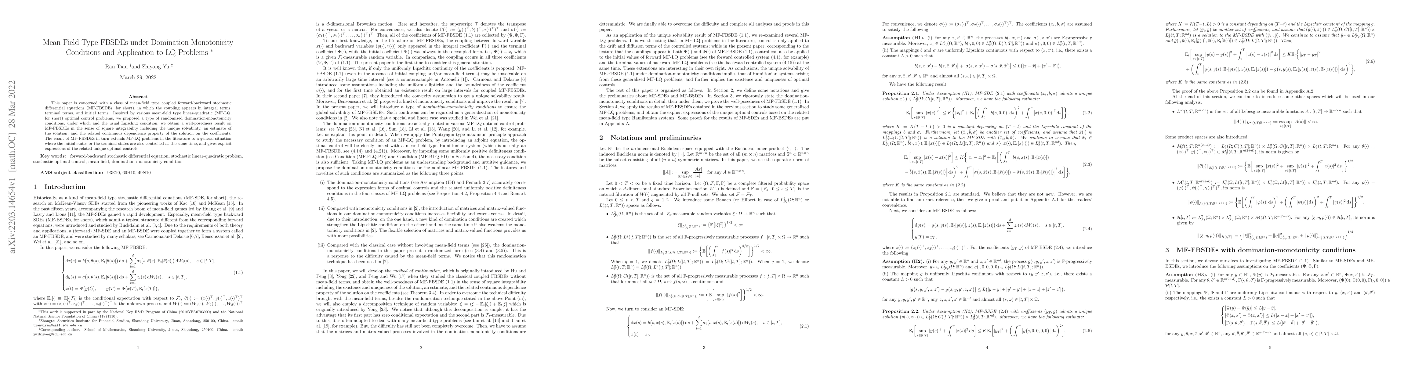 Thumbnail for Mean-Field Type FBSDEs under Domination-Monotonicity Conditions and
  Application to LQ Problems