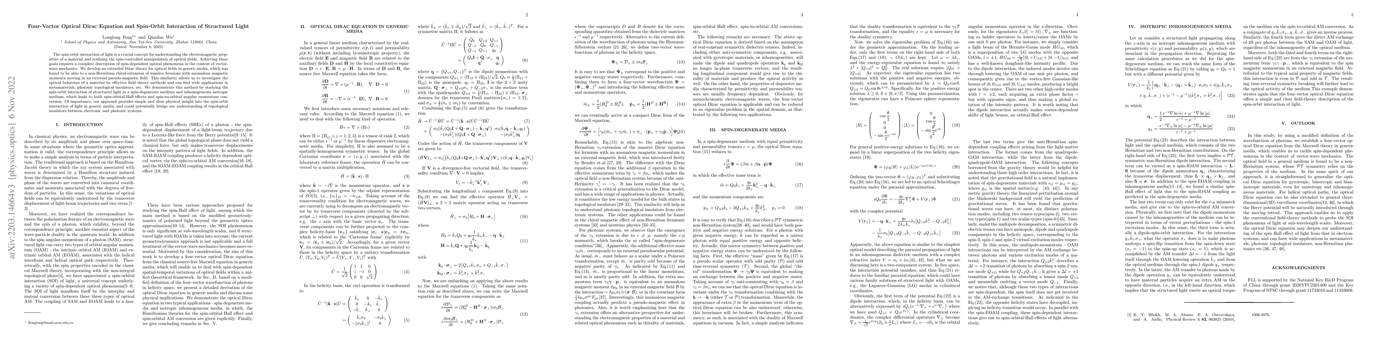 Thumbnail for Four-Vector Optical Dirac Equation and Spin-Orbit Interaction of
  Structured Light