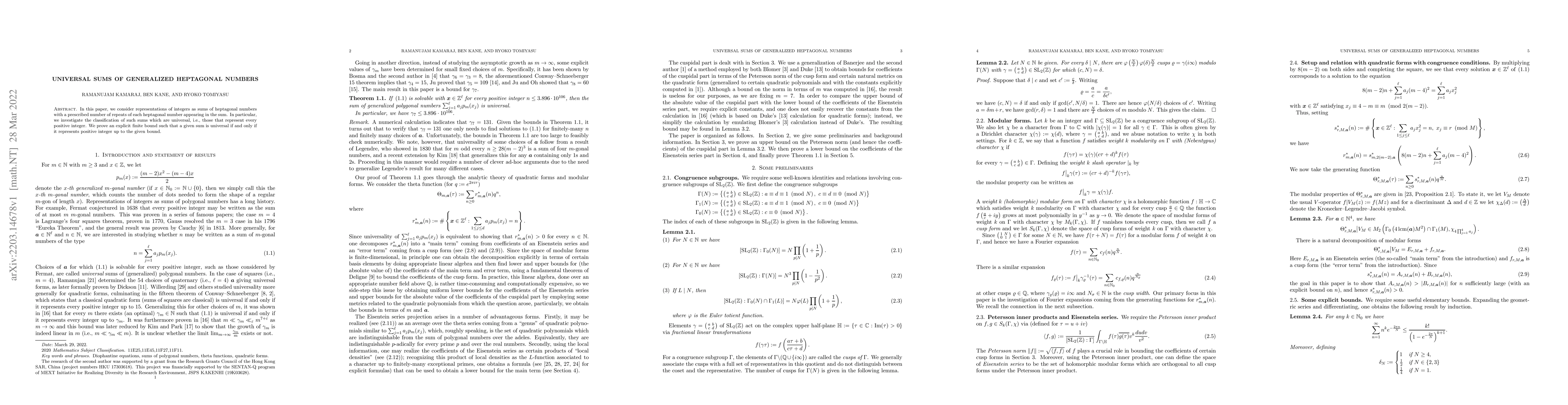 Thumbnail for Universal sums of generalized heptagonal numbers