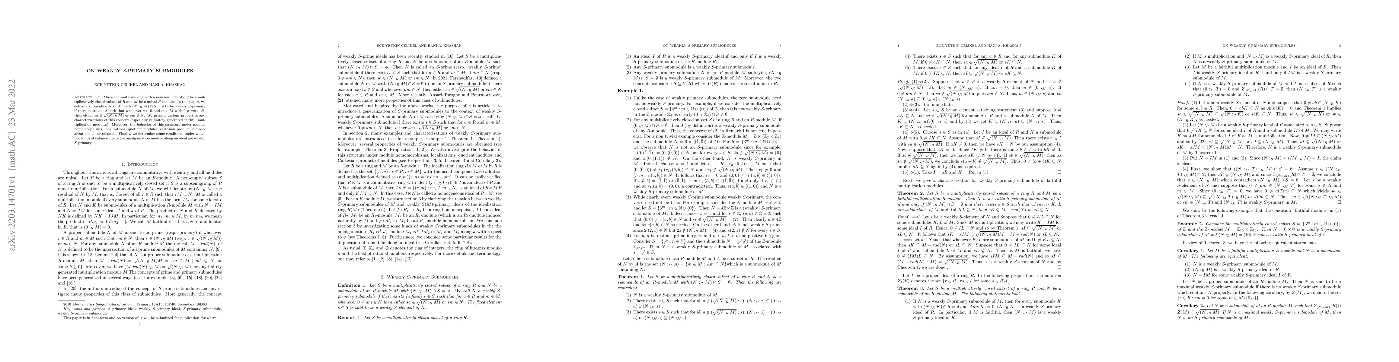 Thumbnail for On Weakly S-primary Submodules