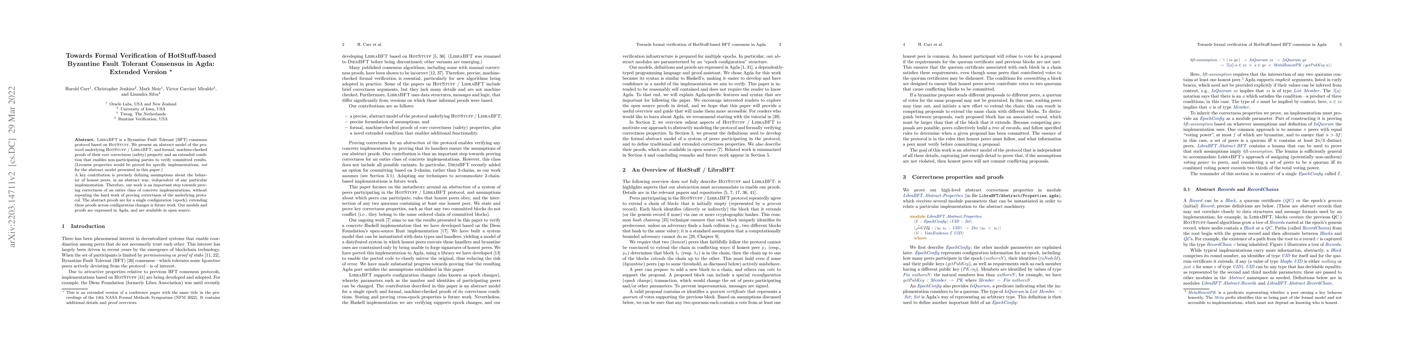 Thumbnail for Towards Formal Verification of HotStuff-based Byzantine Fault Tolerant
  Consensus in Agda: Extended Version