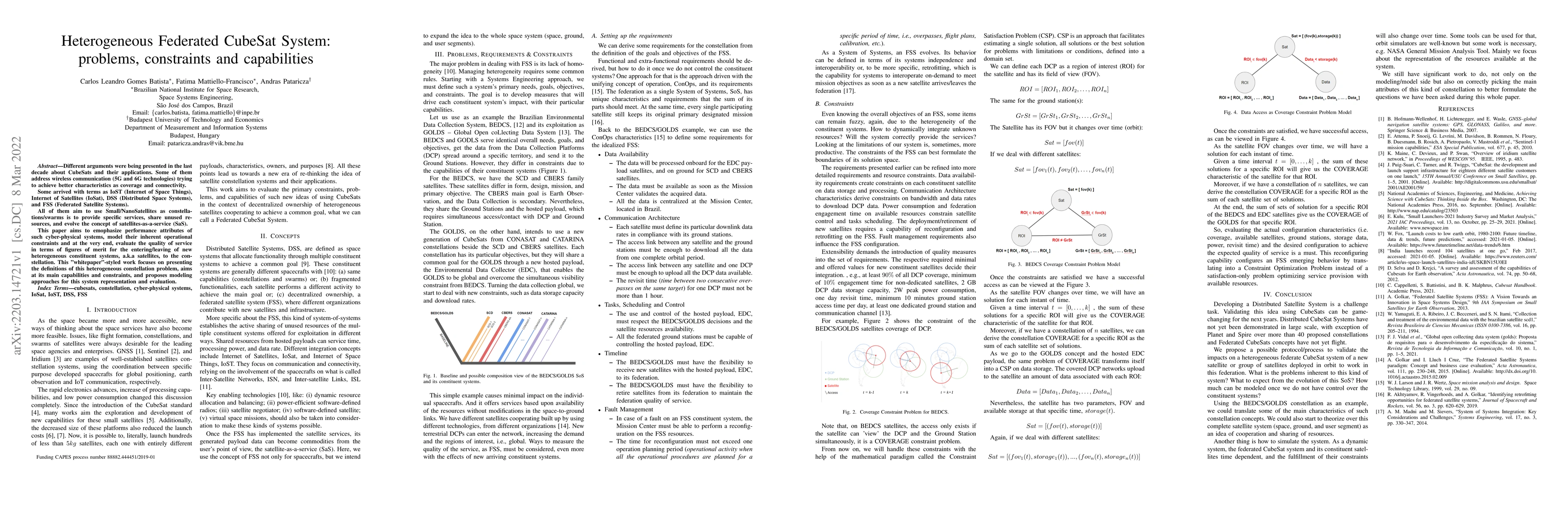Thumbnail for Heterogeneous Federated CubeSat System: problems, constraints and
  capabilities