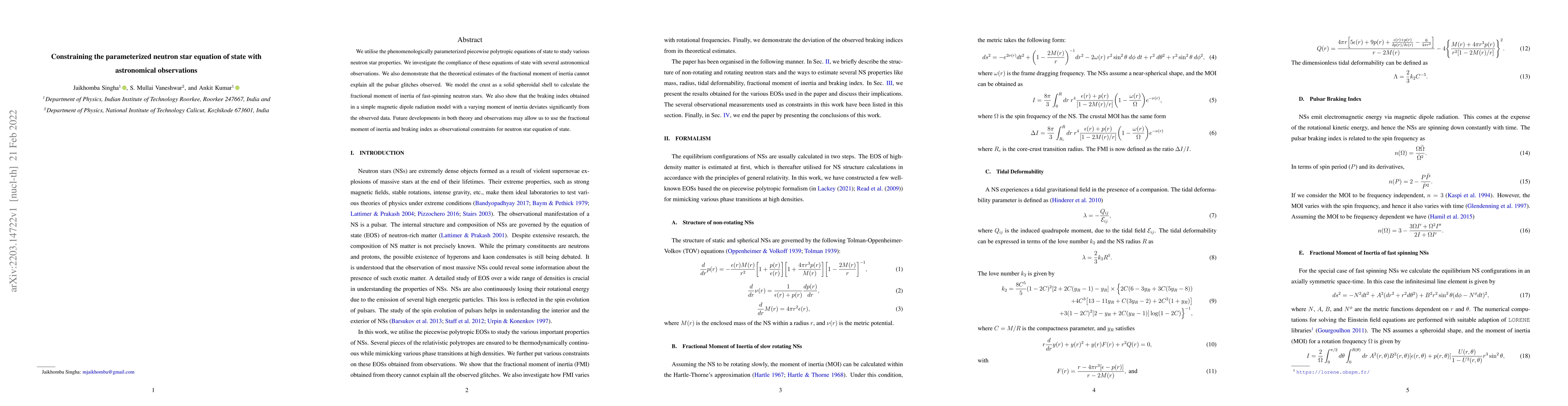 Thumbnail for Constraining the parameterized neutron star equation of state with
  astronomical observations