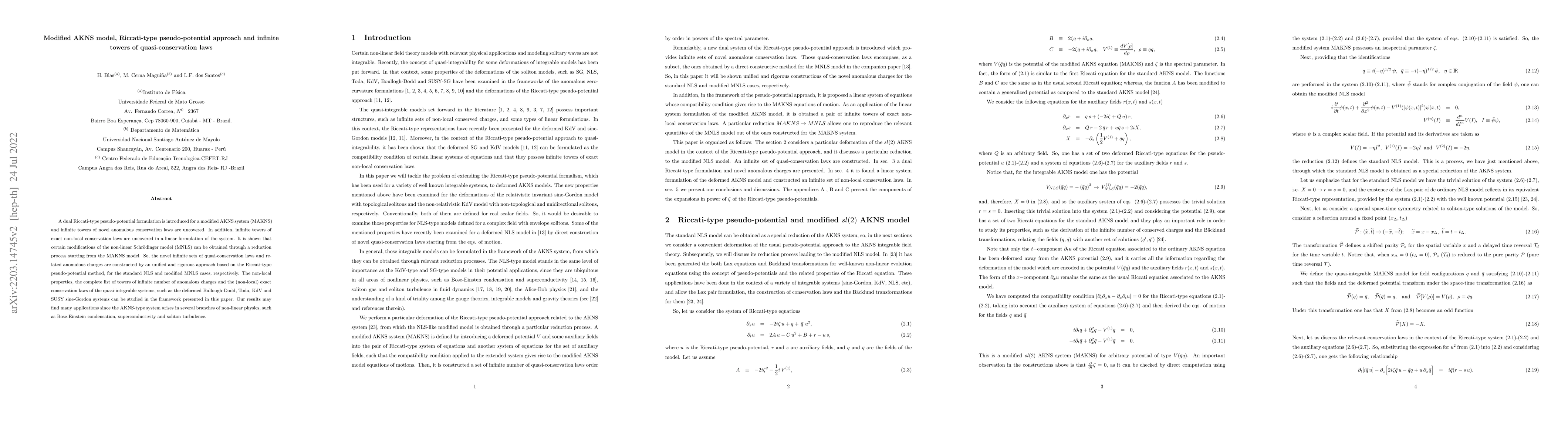 Thumbnail for Modified AKNS model, Riccati-type pseudo-potential approach and infinite
  towers of quasi-conservation laws