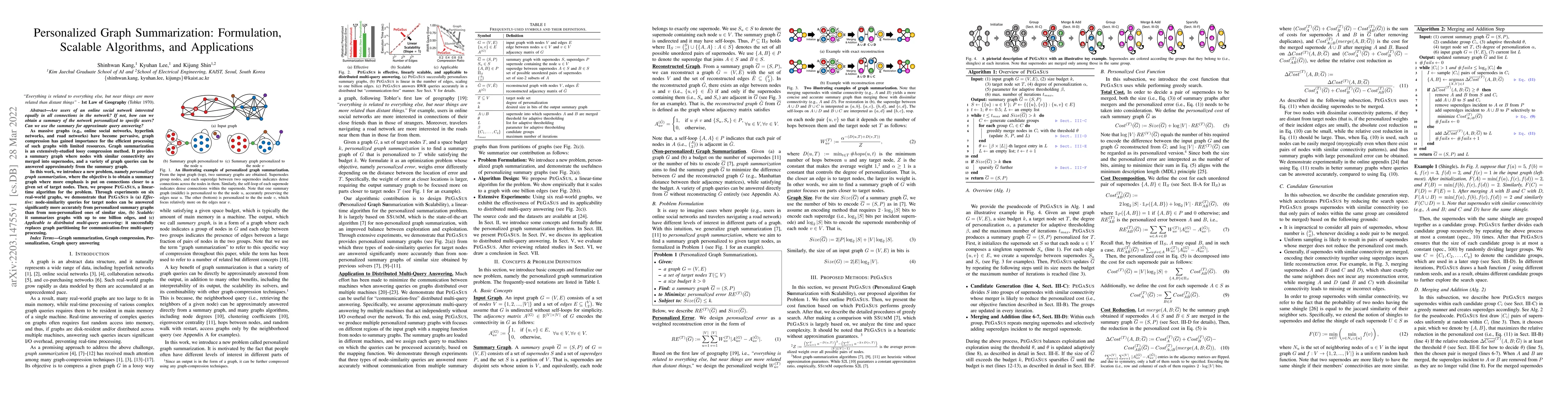 Thumbnail for Personalized Graph Summarization: Formulation, Scalable Algorithms, and
  Applications