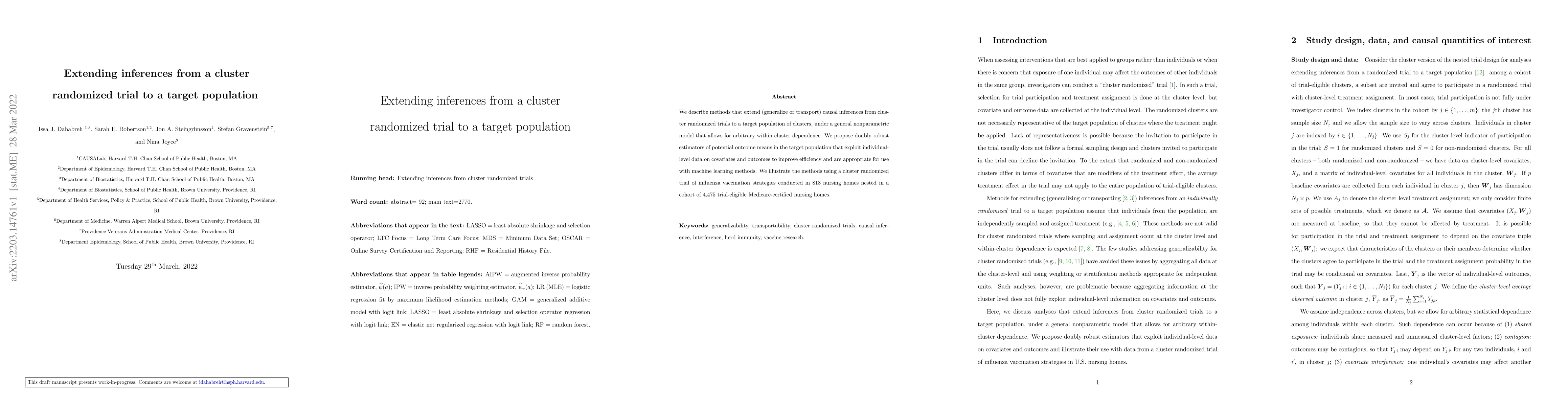 Thumbnail for Extending inferences from a cluster randomized trial to a target
  population