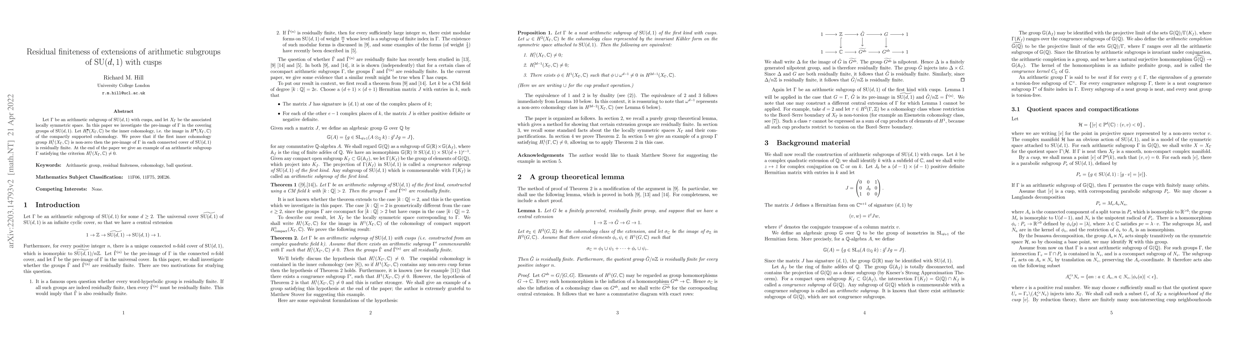 Thumbnail for Residual finiteness of extensions of arithmetic subgroups of SU(d,1)
  with cusps
