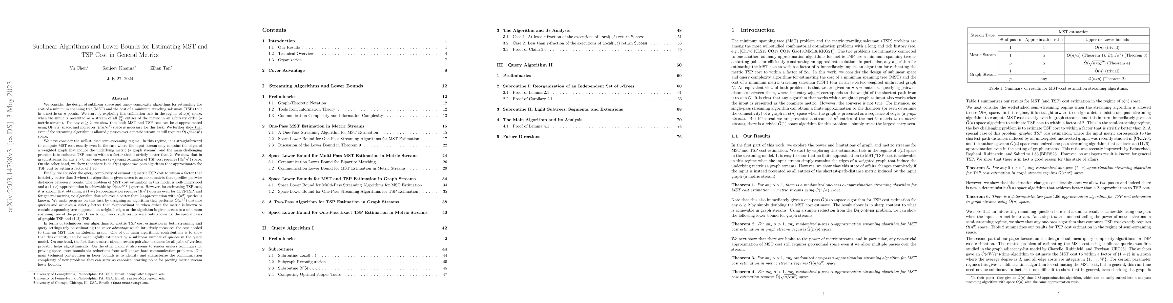 Thumbnail for Sublinear Algorithms and Lower Bounds for Estimating MST and TSP Cost in
  General Metrics