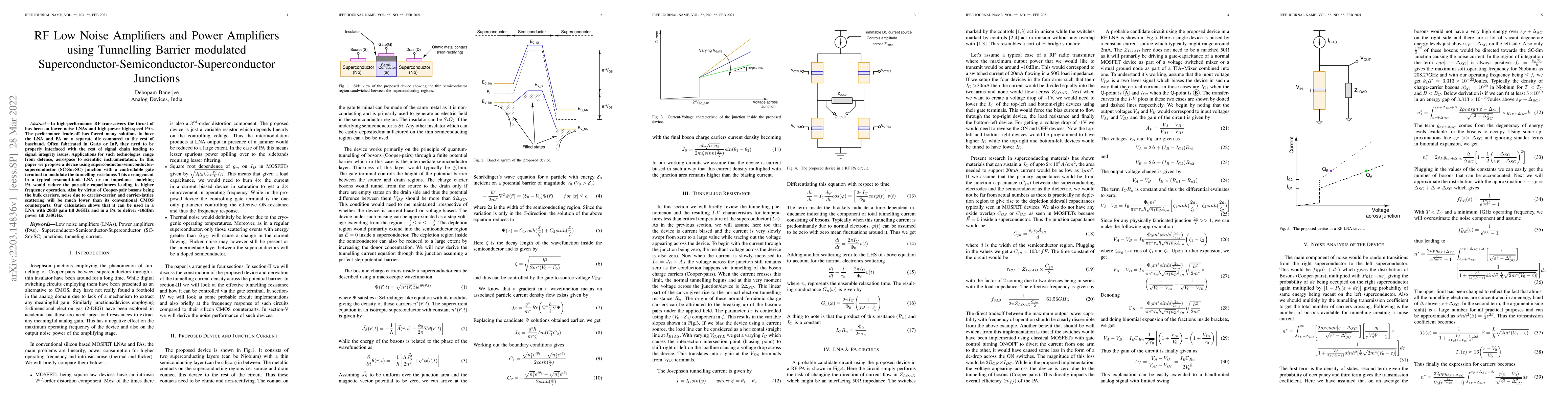 Thumbnail for RF Low Noise Amplifiers and Power Amplifiers using Tunnelling Barrier
  modulated Superconductor-Semiconductor-Superconductor Junctions