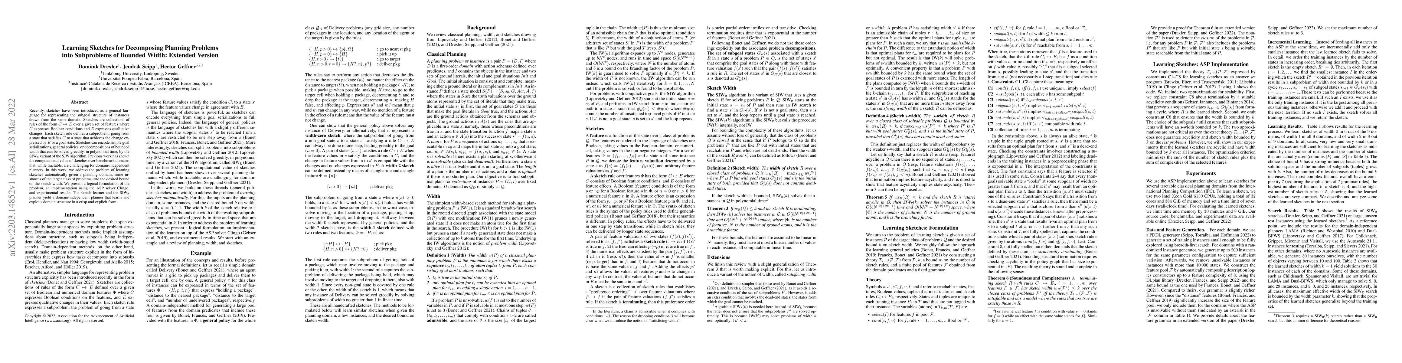 Thumbnail for Learning Sketches for Decomposing Planning Problems into Subproblems of
  Bounded Width: Extended Version