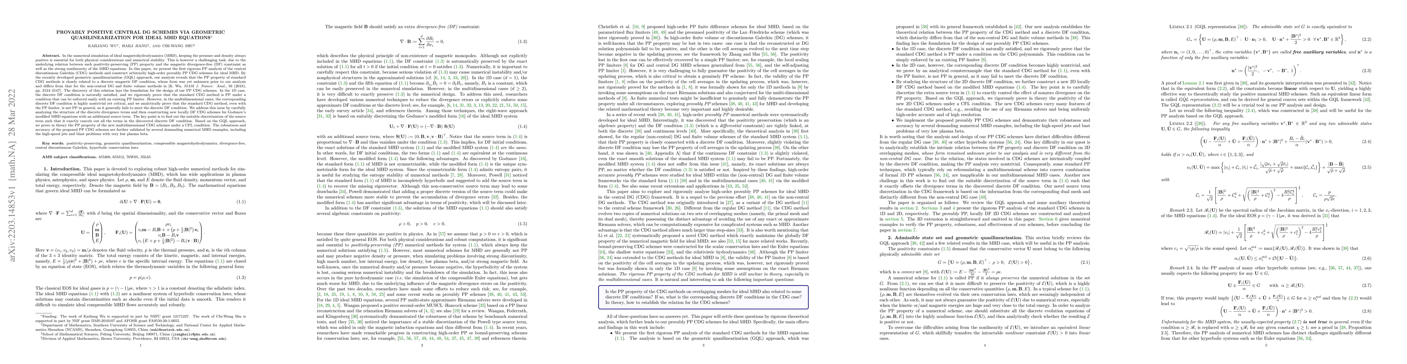 Thumbnail for Provably Positive Central DG Schemes via Geometric Quasilinearization
  for Ideal MHD Equations