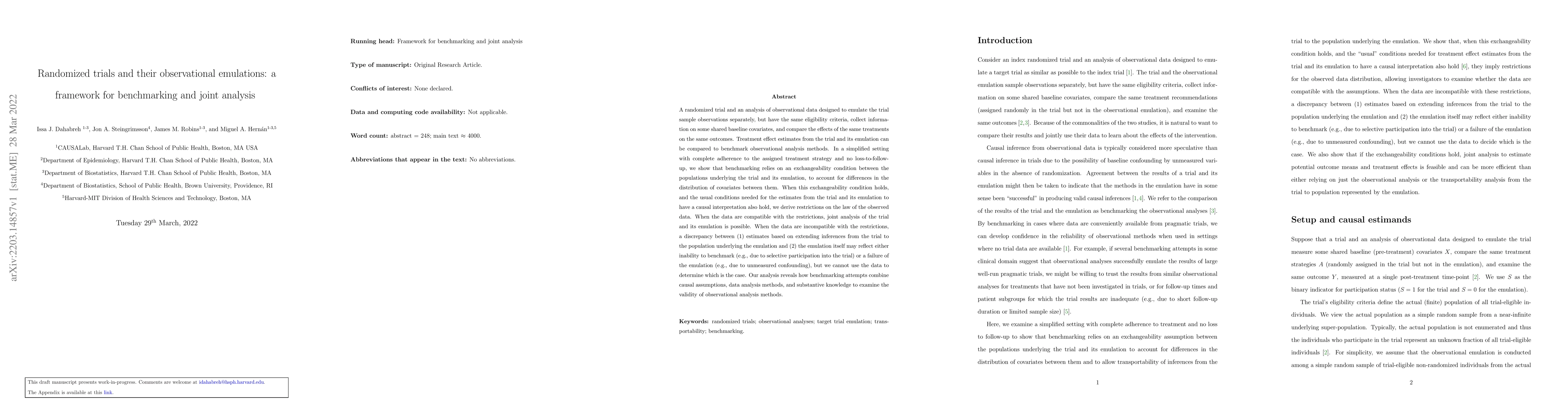 Thumbnail for Randomized trials and their observational emulations: a framework for
  benchmarking and joint analysis