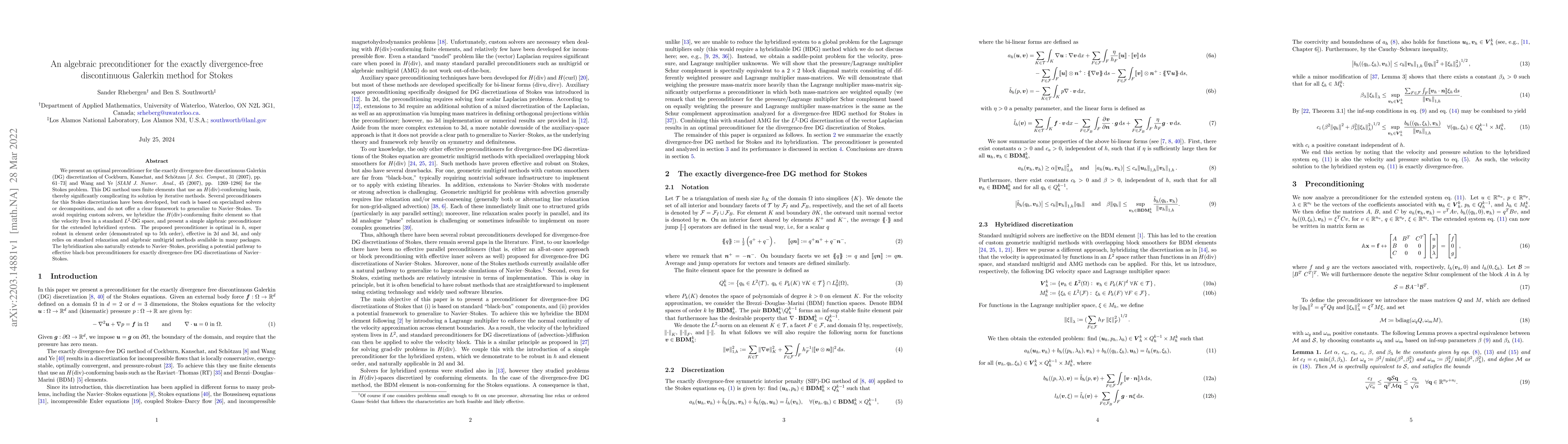 Thumbnail for An algebraic preconditioner for the exactly divergence-free
  discontinuous Galerkin method for Stokes
