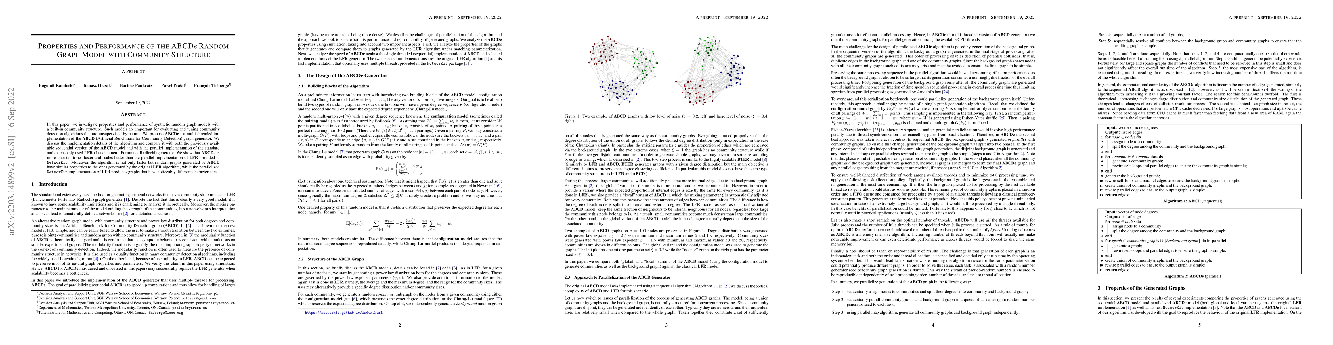 Thumbnail for Properties and Performance of the ABCDe Random Graph Model with
  Community Structure
