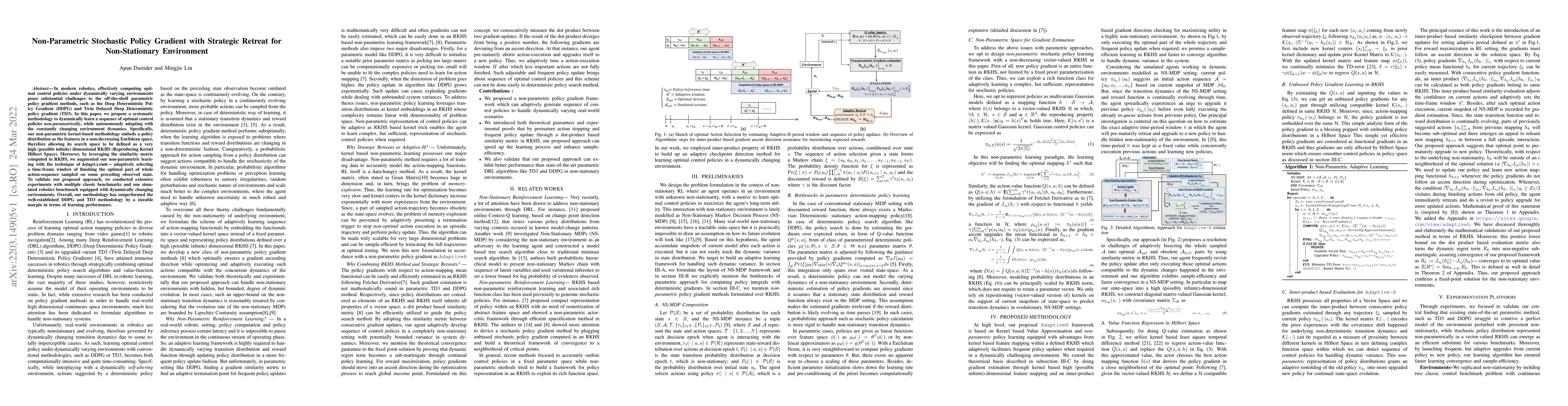 Thumbnail for Non-Parametric Stochastic Policy Gradient with Strategic Retreat for
  Non-Stationary Environment