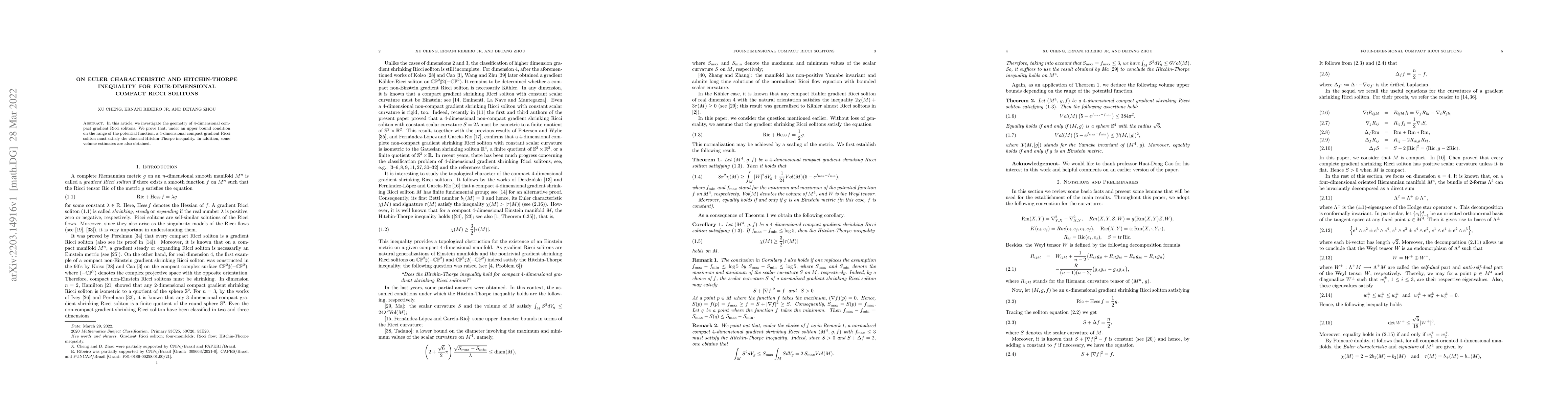 Thumbnail for On Euler characteristic and Hitchin-Thorpe inequality for
  four-dimensional compact Ricci solitons