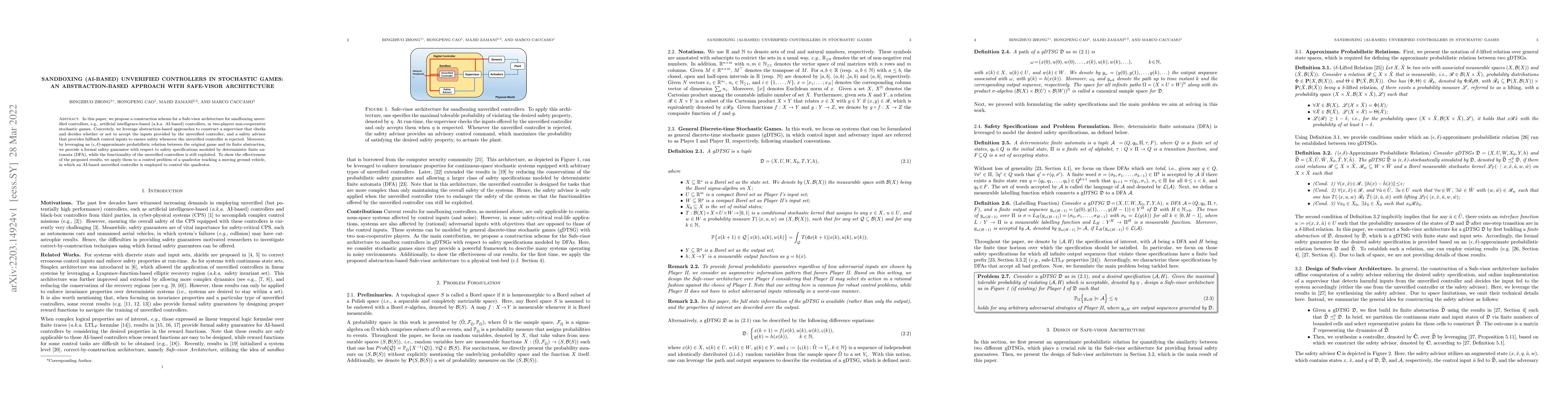 Thumbnail for Sandboxing (AI-based) Unverified Controllers in Stochastic Games: An
  Abstraction-based Approach with Safe-visor Architecture