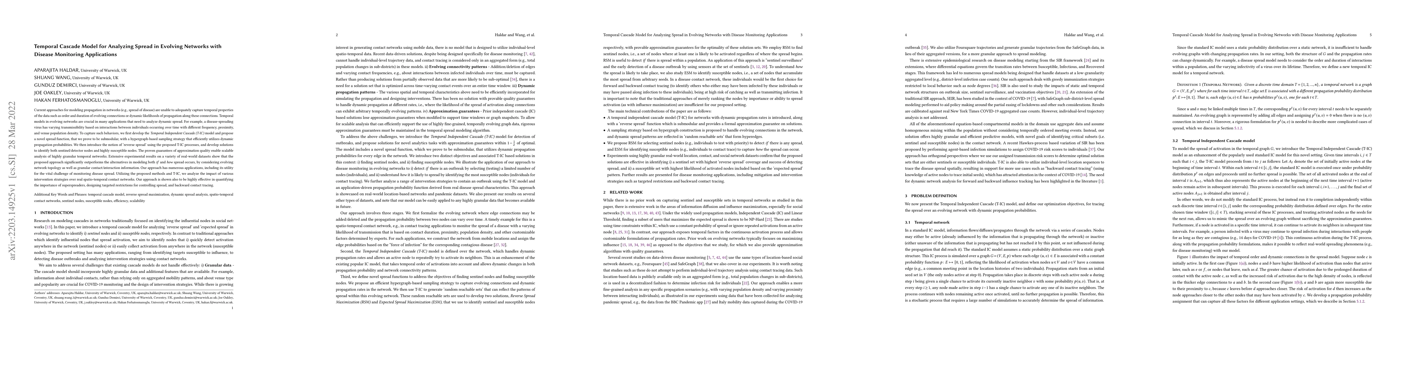 Thumbnail for Temporal Cascade Model for Analyzing Spread in Evolving Networks with
  Disease Monitoring Applications