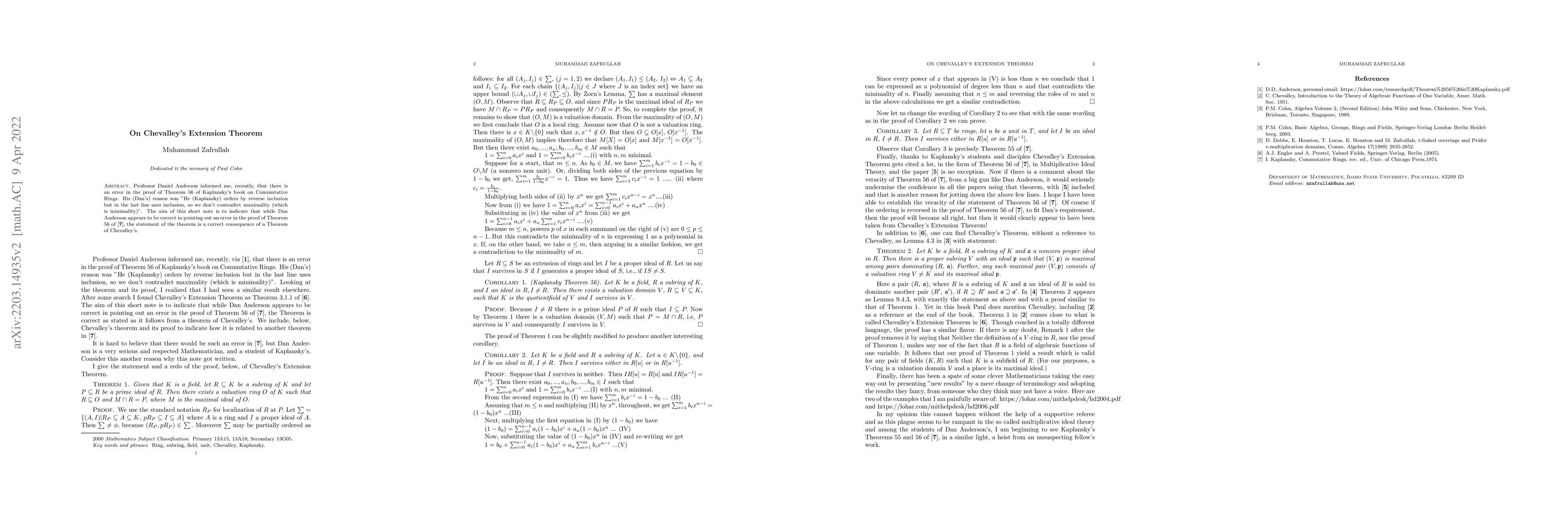 Thumbnail for On Chevalley's Extension Theorem