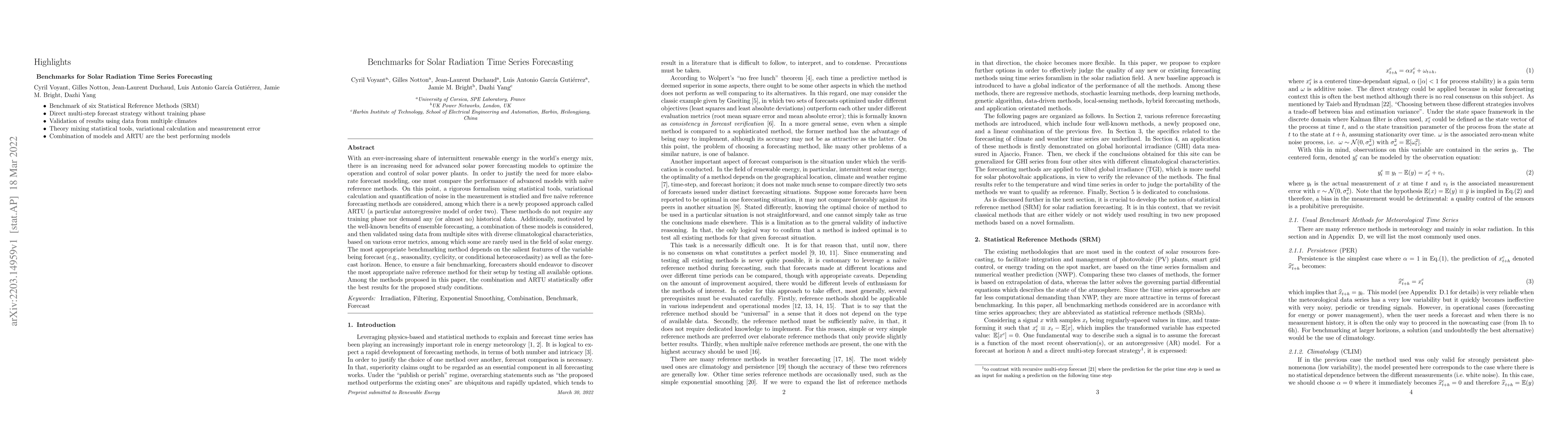 Thumbnail for Benchmarks for Solar Radiation Time Series Forecasting